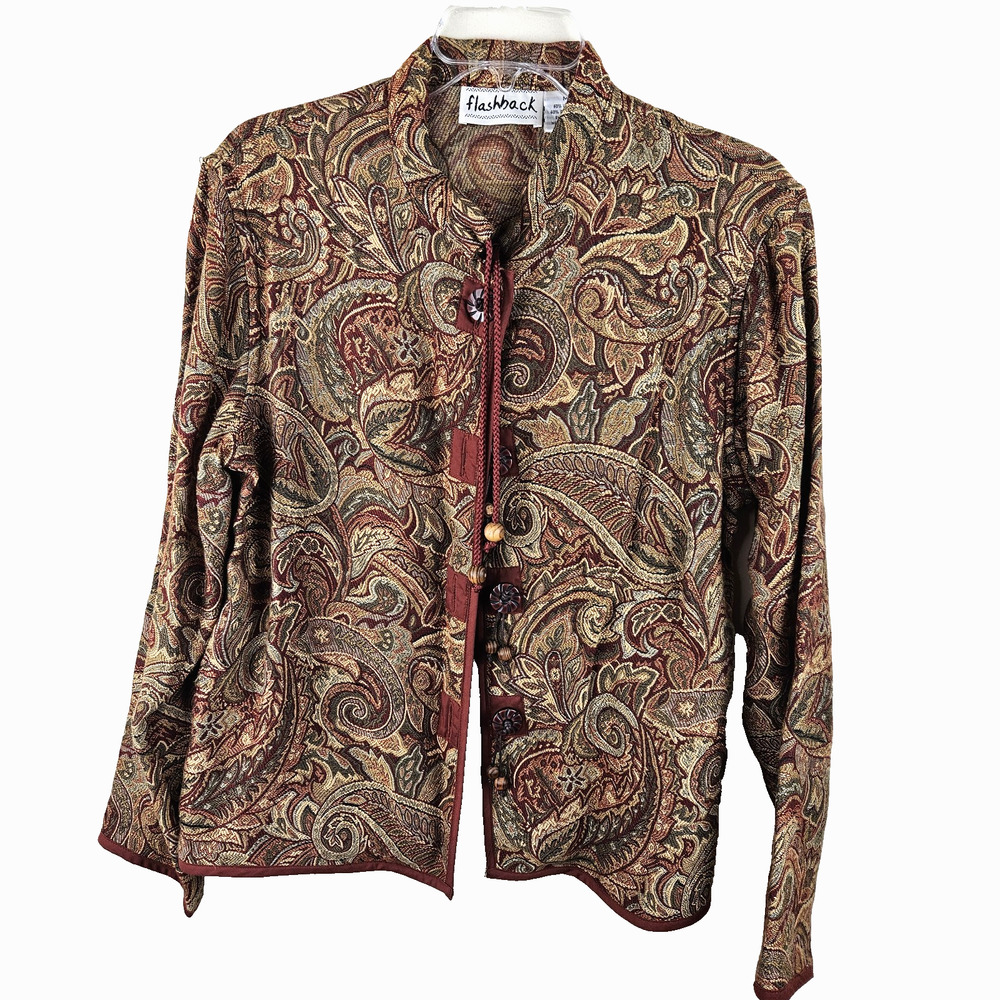 Vtg Flashback Tapestry Boho Bohemian Button Up Beads Jacket womens size medium